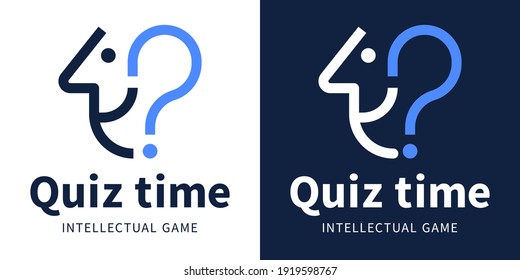 Quiz Time logo for the intellectual game and the questionnaire. Vector icon with a head and a question mark in blue colors.