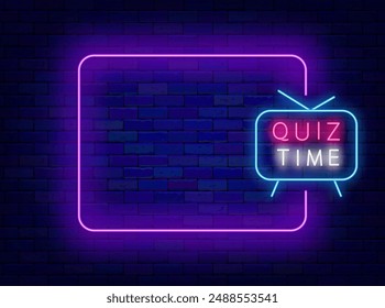 Quiz time neon announcement. Television show and game. Guess song trivia night poster. Empty purple frame and typography with tv. Editable stroke. Copy space. Vector stock illustration