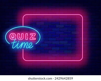 Quizzeit Neon Einladung. TV-Show und Spiel. In: Trivia Night Banner. Grußkarte. Leerer rosa Rahmen und Typografie. Prüfung und Wettbewerb. Glühender Flyer. Bearbeitbarer Strich. Vektorbestandsdarstellung