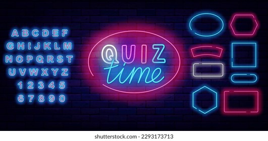 Quiz time neon label. Multicolored handwritten text. Luminous blue alphabet. Exam and tv show concept. Frames collection. Glowing banner on brick wall. Editable stroke. Vector stock illustration