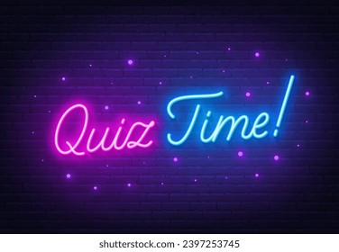 Quiz-Zeit-Neon-Schrift auf Backsteinmauern-Hintergrund