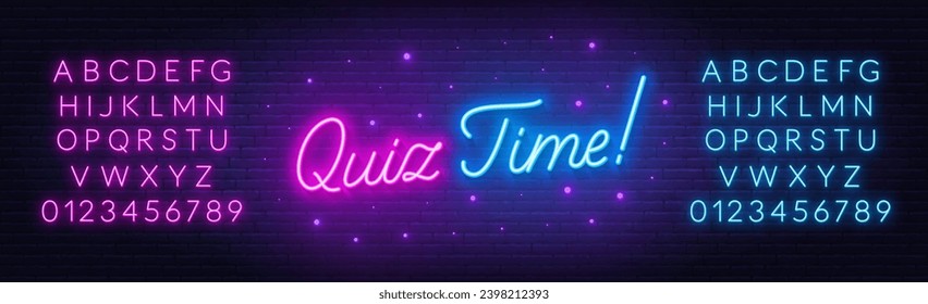 Quiz-Zeit-Neon-Schrift auf Backsteinmauern-Hintergrund