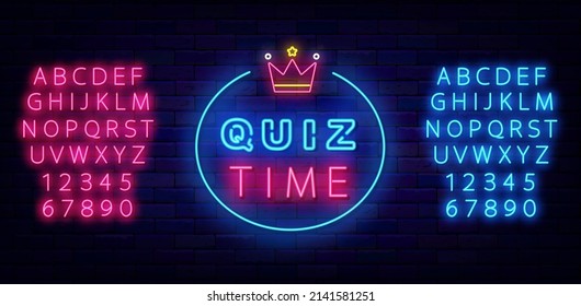 Quiz time neon sign. Blue and pink alphabet. Play game concept with crown. Blue circle frame. Glowing effect banner. Editable stroke. Vector stock illustration