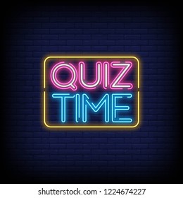 Quiz Time Neon Sign Vector a brick wall background vector  design Questions team game neon signboard  night neon advensing. Vector Illustration