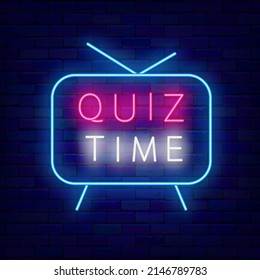 Quiz time neon signboard. Blue tv frame. Play game concept. Exam design. Outer glowing effect banner. Editable stroke. Vector stock illustration