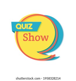 Quiz time poster in paper cut style. Trivia show blue sticker comma shape in memphis retro style. 80s 90s banner with red color frame. Papercut quote label. Vector card illustration