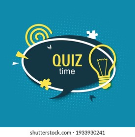 Quiz time speech bubble in paper cut style. Trivia show blue sticker in memphis retro style. 80s 90s banner with yellow bulb sign and puzzle shape. Papercut label. Vector card illustration