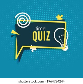 Quiz time speech bubble in paper cut style. Trivia show blue sticker in memphis retro style. 80s 90s banner with yellow bulb sign and puzzle shape. Papercut label. Vector card illustration