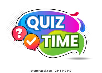 Quiz-Zeit Sprechblasen Text. Hallo Es auf helle Farbe für Aufkleber, Banner und Poster. Symbol für die Quiz-Zeitnachricht. Quiz-Zeitmarke mit Fragezeichen. Quiz-Emblem für Wirtschaft, Marketing und Werbung