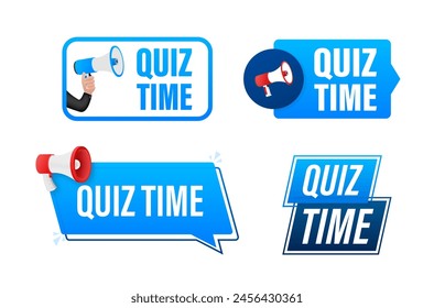 Quiz time text with Megaphone label set. Megaphone in hand promotion banner. Marketing and advertising