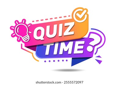 Quiz time text warning and information sign. Quiz time emblem for business, marketing and advertising. Bright label with bulb and question mark.