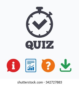 Quiz timer sign icon. Questions and answers game symbol. Information think bubble, question mark, download and report.