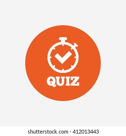Quiz timer sign icon. Questions and answers game symbol. Orange circle button with icon. Vector