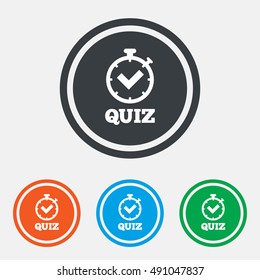 Quiz timer sign icon. Questions and answers game symbol. Graphic design web element. Flat quiz timer symbol on the round button. Vector
