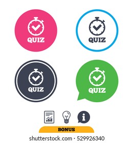Quiz timer sign icon. Questions and answers game symbol. Report document, information sign and light bulb icons. Vector