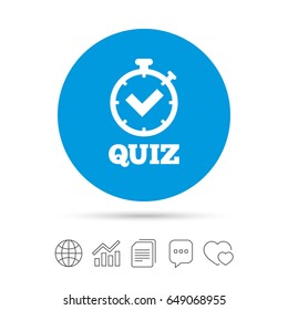 Quiz timer sign icon. Questions and answers game symbol. Copy files, chat speech bubble and chart web icons. Vector