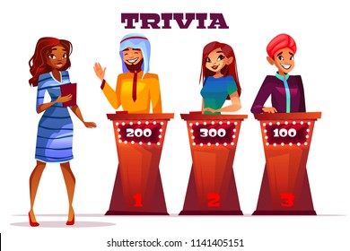 Quiz trivia game show vector illustration. Black Afro American woman presenter question players of Saudi Arabian and Indian man with answer and score buttons