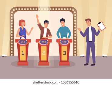 Quiz TV show flat vector illustration. People cartoon characters playing television game show, answering questions and solving puzzles. Show host with clipboard staying near players.