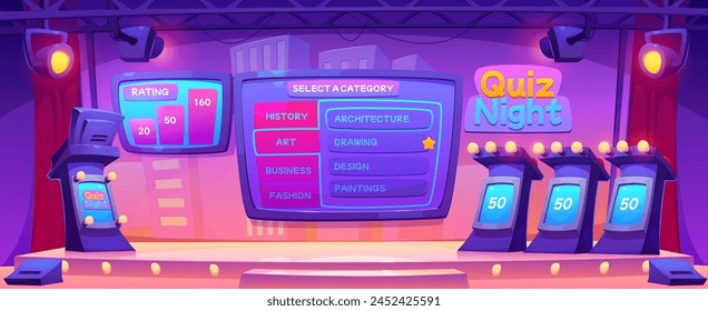 Quiz tv show stage with contest participants and presenter platforms, screen with challenges and ratings, spotlights. Cartoon vector illustration of studio room interior with stage for trivia game.