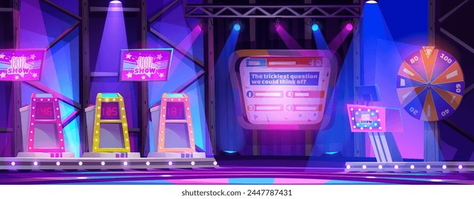 Quiz tv show stage with player platforms and presenter podium. Studio interior for recording contest with questions. Cartoon vector scene with screen and player panels, spotlight and spinning wheel.