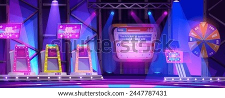 Quiz tv show stage with player platforms and presenter podium. Studio interior for recording contest with questions. Cartoon vector scene with screen and player panels, spotlight and spinning wheel.