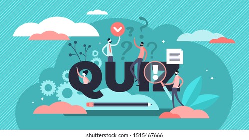 Quiz vector illustration. Flat tiny brain game play process persons concept. Erudition puzzle and fun riddle as leisure, entertainment and mental task. Intelligence examination and solution finding.