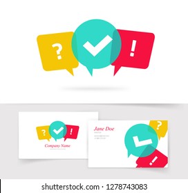 Quiz vector logo and business card, questionnaire icon, poll sign, flat bubble speech symbols, concept of social communication, chatting, interview, voting, discussion, talk, team dialog, group chat