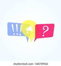Quiz vector logo isolate. Flat bubble speech symbols, concept of social communication, chatting, interview, voting, discussion, talk, team dialog, group chat