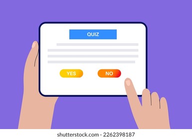 Quiz web form. Question on screen of tablet, online pool or result of survey. Choose yes or no answer. User makes decisions on the internet. Questionnaire in internet flat vector illustration.