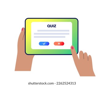 Quiz web form. Question on screen of tablet, online pool or result of survey. Choose yes or no answer. User makes decisions on the internet. Questionnaire in internet flat vector illustration.