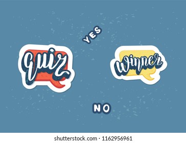 Quiz and Winner stickers. Handwritten lettering with speech bubble. Template  for social media network. Vector illustration.