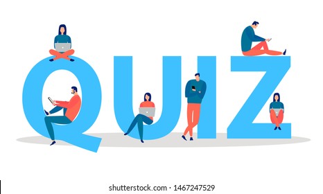Quiz word or letters with young people using mobile gadgets as  smartphone, laptop for texting, messaging and sharing data via internet 