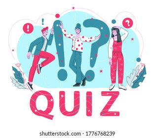 Quiz word and people surrounded with question marks the concept of questionnaire show and question competition banner, exam, interview design vector illustration isolated on white background.