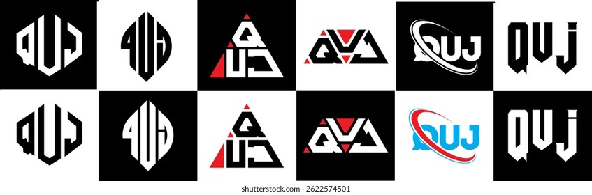 QUJ letter logo design in six style. QUJ polygon, circle, triangle, hexagon, flat and simple style with black and white color variation letter logo set in one artboard. QUJ minimalist and classic logo