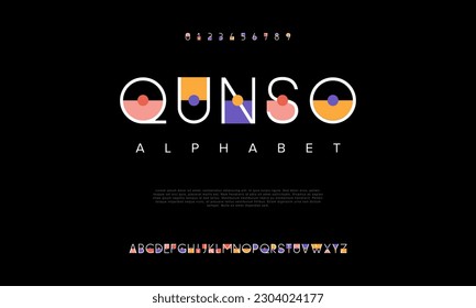 Alfabeto del logotipo de la tecnología digital abstracta Qunso. Fuentes urbanas modernas mínimas para logotipo, marca, etc. Tipografía tipo de letra mayúsculas minúsculas y número. ilustración vectorial