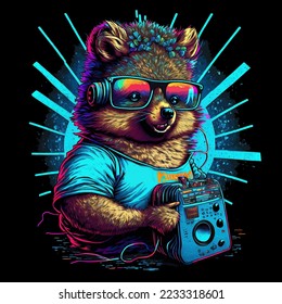 Quokka-Charakter in Brillen hört Synthwave-Musik auf schwarzem Hintergrund. Geschenkkarte. Design für ein T-Shirt.