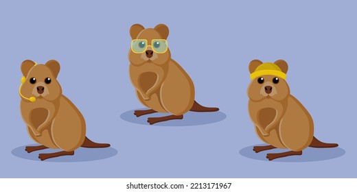 Quokka collection, a cartoon character in a hat, glasses and with an earpiece. Cute smiling Australian animal vector flat illustration.