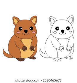 Quokka colorir páginas para crianças. Traço e cor Quokka. Bela Quokka animal flashcard para crianças ilustração vetorial. Letras Q é para Quokka. Planilhas de jardim de infância e pré-escola imprimíveis para crianças.