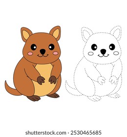 Quokka colorir páginas para crianças. Traço e cor Quokka. Bela Quokka animal flashcard para crianças ilustração vetorial. Letras Q é para Quokka. Planilhas de jardim de infância e pré-escola imprimíveis para crianças.