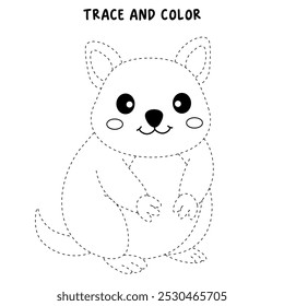 Quokka coloring pages for kids. Trace and color Quokka. Cute Quokka animal flashcard for kids vector illustration. Letters Q is for Quokka. Kindergarten and preschool worksheets printable for kids.