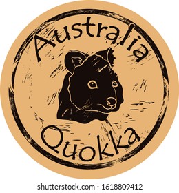 Quokka Head Silhouette Icon Vector Round Shabby Emblem Design, Old Retro Style. Scrub Wallaby Or Short Tail Kangaroo Logo Mail Stamp On Craft Paper. Shape Quokka Vintage Grunge Sign. 