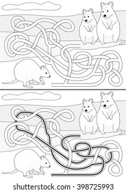 Quokka maze for kids with a solution in black and white