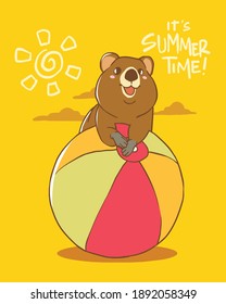 Quokka playing ball in the summer. This vector have a hand drawing style. Can be printed for poster, t-shirt, etc.