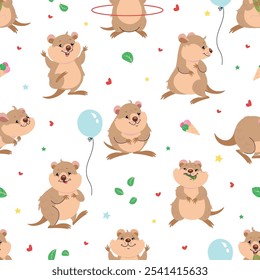 Quokka sin patrón. Lindo animal australiano, divertidos animalitos de dibujos animados comiendo entrenamiento sonriendo. Estampado de mascotas infantiles, hoy en día fondo de Vector