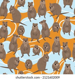 Quokka seamless pattern. Short-tailed scrub wallaby Setonix brachyurus in different poses. realistic vector animal