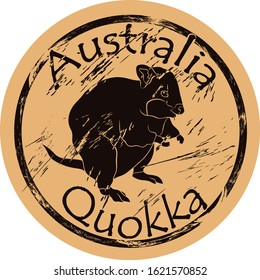 Quokka Silhouette Icon Vector Round Shabby Emblem Design Old Retro Style. Scrub Wallaby Or Short Tail Kangaroo In Full Growth Logo Mail Stamp On Craft Paper. Quokka Vintage Grunge Sign.