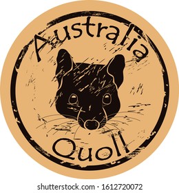 Quoll head silhouette icon vector round shabby emblem design, old retro style. Australian animal logo mail stamp on craft paper. Realistic quoll shape vintage grunge sign. Marsupial marten.