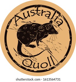 Quoll silhouette icon vector round shabby emblem design old retro style. Quoll in full growth logo mail stamp on craft paper. Quoll vintage grunge sign. Marsupial marten. 