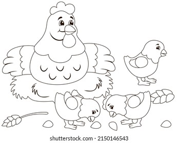 Quot on the nest, chicks. Childrens coloring, black lines, white background.