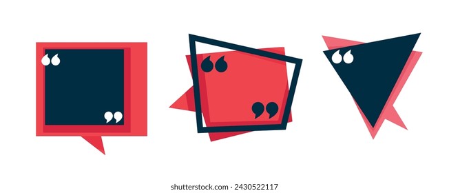 Quotation banner icons with citation marks. Isolated dialog boxes, text frames design in form of triangle, square and trapezoid. Quote bubble speech blank templates, logotype. Vector in flat style